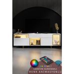NORM TV ÜNİTESİ RGB LED IŞIKLI GOLD DEMİR AYAKLI RAFLI DOLAPLI BEYAZ TV SEHPASI