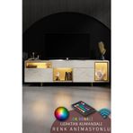 NORM TV ÜNİTESİ RGB LED IŞIKLI GOLD DEMİR AYAKLI RAFLI DOLAPLI TRAVERTEN TV SEHPASI