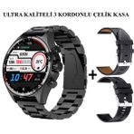 Normadia JS27 Promax Çelik Kasa Akıllı Saat, 3 Kordonlu Premium Seri - Seçenek 1 - Ahşap