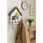 Normadia Minimal Ahşap Anahtarlık Askılığı, Kedi ve Çiçek Temalı, Ev Şeklinde - Seçenek 1 - Açık Bej
