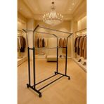 Normadia V Ayarlı 125CM Çelik Konfeksiyon Elbise Askısı Tekerlekli Portatif Hanger - Seçenek 1 - Ahşap