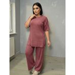 North Stand Kadın Fitilli Pijama Takımı Kısa Kollu Salaş Üst Bol Paça Alt Yumuşak Dokulu Ev Giyim Takımı - Gül Kurusu - XL