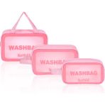 NorthAK Şeffaf Seyahat Makyaj Çantası3’lü Set - Kozmetik ve Makyaj Çantası Büyük Boy Washbag Siyah - Pembe