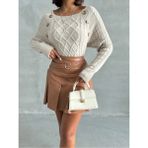 Nosia Fashion Kadın Düğme Detaylı Kayık Yaka Bej Triko Kazak