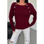 Nosia Fashion Kayık Yaka Düğme Detaylı Kadın Uzun Bordo Triko Kazak - XL
