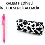 Nostaljik Lezzetler İnek Desen Kalemlik - Okul Kalemliği-Makyaj Çantası ve Hediye Pembe Uçlu Kalem