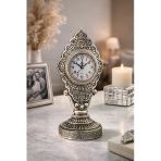 Nostaljik Vintage Taş İşlemeli Kabartmalı Lüks Gümüş Renk Dekoratif Salon Ve Ofis Masa Saati 29 Cm Vitrin