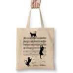 Notalar Müzik Cat Kedi Komik Bez Çanta Uzun Saplı - Açık Bej - 40 X 40