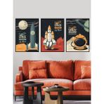 Notpa 3 Parça Çerçeve Görünümlü MDF Tablo Space Rocket - Uzay ve Roket (Çerçeve Görünümlü) - 60 x 60 - Renkli