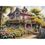Nova Puzzle 1000 Parça Ayçiçekli Pembe Ahşap Ev Puzzle - Pembe Köy Evi