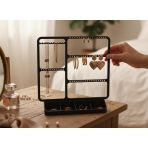 NOVA Takı ve Aksesuar Standı Organizer, Delikli Küpe Askılığı ve Bölmeli Alt Tepsili Hafif PLA Plastik Makyaj Masası Düzenleyici, 20x7x20 cm (Siyah)