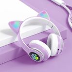 Novatis Bluetooth Kablosuz Renkli LED Işıklı Kedili Katlanabilir Sd Kartlı Çocuk Kafa ve Kulak Üstü Kulaklık - Lila
