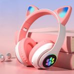 Novatis Bluetooth Kablosuz Renkli LED Işıklı Kedili Katlanabilir Sd Kartlı Çocuk Kafa ve Kulak Üstü Kulaklık - Pembe