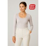 Novelle Havuz Yaka Uzun Kol Fitilli Bluz - Gri Melanj - 3XL