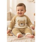Noveram Kids Kışlık Polar Kumaş Kedi Desenli Bebek Eşofman Takımı-Unisex - Bej - 12 Ay