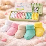 Novibaby 5'li Bambu Yenidoğan Bebek Çorap I Flower I Kız Erkek Bebek Çorabı - Beyaz - Krem - Sarı - 1 - 1,5 Yaş