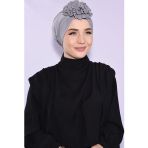Nowa Scarf Güllü Büzgülü Çift Taraflı Tesettür Bone Gümüş Gri