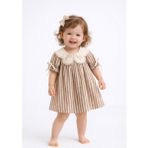 NoyNoy Baby Capucine Kız Bebek Elbise – %100 Pamuk, Çizgili Yakalı Model, Toka Hediyeli - 18 Ay - Kahverengi - Açık Bej