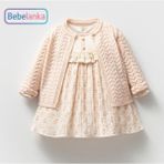 Noynoy Kız Çocuk Pembe Çiçek Desenli Elbise ve Triko Hırka 2'li Takım 882805 - 9 Ay