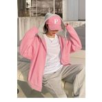 npLStore Çift Renk Pembe-Gri Kapşon Baskısız 3 iplik Oversize Ceket - Hırka