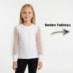 NR Nar Rengi Kompak Masalsı Dokunuş Puantiyeli Tül Kollu Kız Çocuk Okulluk Bluz - Beyaz - 9 - 10 Yaş