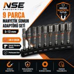 NSE 9 Parça Manyetik Somun Adaptörü Seti 5-13 mm CR-V Çelik Lokma Uç Takımı | Matkap ve Şarjlı Vidalama Somun Sıkma Adaptörü | Altıgen Manyetik Somun Lokması