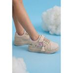 Nstil Günlük Kız Çocuk Bej Sneaker Püskül Detay Oval Simli Burun Lastik Bağcık Cırtlı Spor Ayakkabı 3740