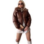 Nsy Boutique Yakası Peluş Kürk Detay Kısa Şişme Deri Mont - Taba - Kahverengi