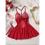 Nubarron Kadın Siyah Dantel Detaylı Babydoll Gecelik Takımı Tanga Hediyeli - Kırmızı - 2XL - 3XL