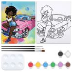 Nuberlic Tuval Boyama Kiti Önceden Çizilmiş Tuval Boyama için Havalı Lady Afro Kız Araba Boyama Kiti DIY Yetişkin Yudum ve Boya Parti Kız Gece Favor 8x10 inç