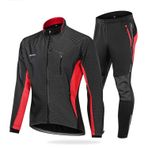 NUCKILY Erkek bisiklet kıyafeti seti, rüzgar geçirmez, termal polar, kışlık ceket, MTB giyim, yarış bisikleti, bisiklet trikosu uzun kollu ve 3D oturma minderli bisiklet pantolonu, ME020 Kırmızı, M