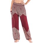Nuofengkudu Kadın Bol Taylandlı Balıkçı Yoga Pantolonları Desenli Yüksek Bel Pantolon Yaz Tatili, Şarap Kırmızı Çiçek, One Size