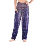 Nuofengkudu Kadın Harem Hippi Yoga Pantolonu Bol Boho Desenli Büzgülü Yüksek Bel Cepli Tayland Balıkçı Pantolonu Yaz Plaj, Mavi Mor Tavus Kuşu, One Size