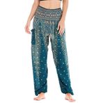 Nuofengkudu Kadın Harem Hippi Yoga Pantolonu Bol Boho Desenli Büzgülü Yüksek Bel Cepli Tayland Balıkçı Pantolonu Yaz Plaj, Yeşil Tavus Kuşu, One Size