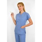 Nur Medikal Giyim Unisex Dokuz Eylül Mavisi Likralı Cerrahi Üst Forma, Doktor Hemşire Scrubs, 2XS Beden