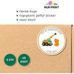 Nur Print Kişiye-Isme Özel Yuvarlak Erkek Bebek Etiketi, Iş Arabası Vinç, Yapışkanlı Parlak Kuşe Kağıt Sticker, Hoşgeldin Bebek, Doğum Günü - 5 cm