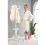 Nuşa Kadın Krem Dantelli Bambo Cotton Bornoz Set