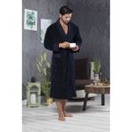 Nuşa Nefti Renk Yaka Kapitone Bambu Pamuklu Erkek Bornozu - 2XL - Lacivert
