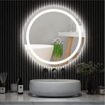 Nuun Dekor 60cm Beyaz Ledli Kumlamalı Yuvarlak Banyo Aynası Dekoratif Duvar Aynası Prizli. Beyaz - Gümüş