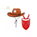NW NessiWorld casaxmlSMR-E101-G066 Çocuk Kovboy Şapka Rozetli Kahverengi & Kırmızı Bandana Seti