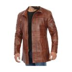 Nyc Giyim Tekstil Hakiki Koyun Derisi Erkek Deri Mont,koyu Taba Renk, Uzun Trençkot Tarzı, Askeri Silüet, Fermuarlı ve Çıtçıtlı, Hakim ve Gömlek Yaka, 5 Cepli - 2XL