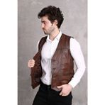 Nyc Giyim Tekstil Nyc Giyim Hakiki Deri Yelek Erkek Slim Fit Düğmeli Kahverengi V Yaka Astarlı