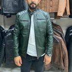 Nyc Giyim Tekstil Yeşil Karartmalı Hakiki Deri Spor Mont Ceket Slim Fit