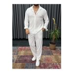 Nyda Collections Erkek Bürümcük Beyaz Takım Düğmeli Gömlek Ve Bağcıklı Pantolon Yazlık Takım Çift Cepli Krinkıl Kumaş