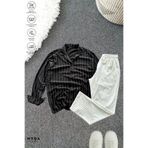 Nyda Collections Erkek Krep Kumaş Çizgili Likralı Oversize Uzun Kol Gömlek Cepli Lastikli Bel Bağcıklı Pantolon Takım