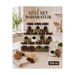 NYL HOME 12'li Etiketli Çizgili Cam Kavanoz Baharatlık Seti – Plastik Contalı Hava Almaz Kapaklı Baharatlık Saklama Kabı 12 x 500 ml