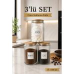 Nyl Home 3'lü Ahşap Kapaklı Etiketli Çay Şeker Kahve Cam Kavanoz Saklama Kabı 800 ml