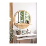 nysamo Tarz Design 58 Cm Yuvarlak Safir Meşe Raflı Dresuar Konsol Duvar Salon Banyo Ofis Yatak Oda Aynası
