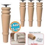 Nzb Doğal Boyasız Ahşap Ayak Silindir Mobilya Koltuk Kanepe Ayağı & Montaj Aparat (4 Adet) Bohem 25 cm