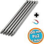 Nzb Mıknatıslı 100 mm Pozidriv Bits Uç Pz2 Manyetik 1/4" Matkap Ucu 10 cm Güçlü Tayvan Çeliği (5 Adet) - Gri